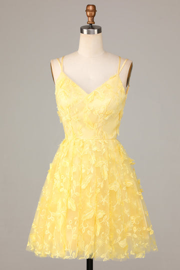 A Line Spaghetti Straps Yellow Short Cocktail Dress with Appliques